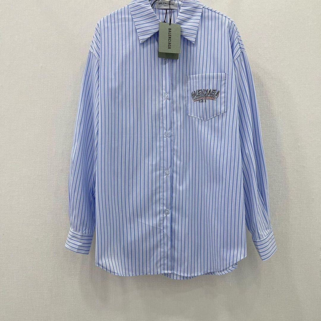 Balenciaga Striped Cotton Shirt with Crystal Logo Embroidery