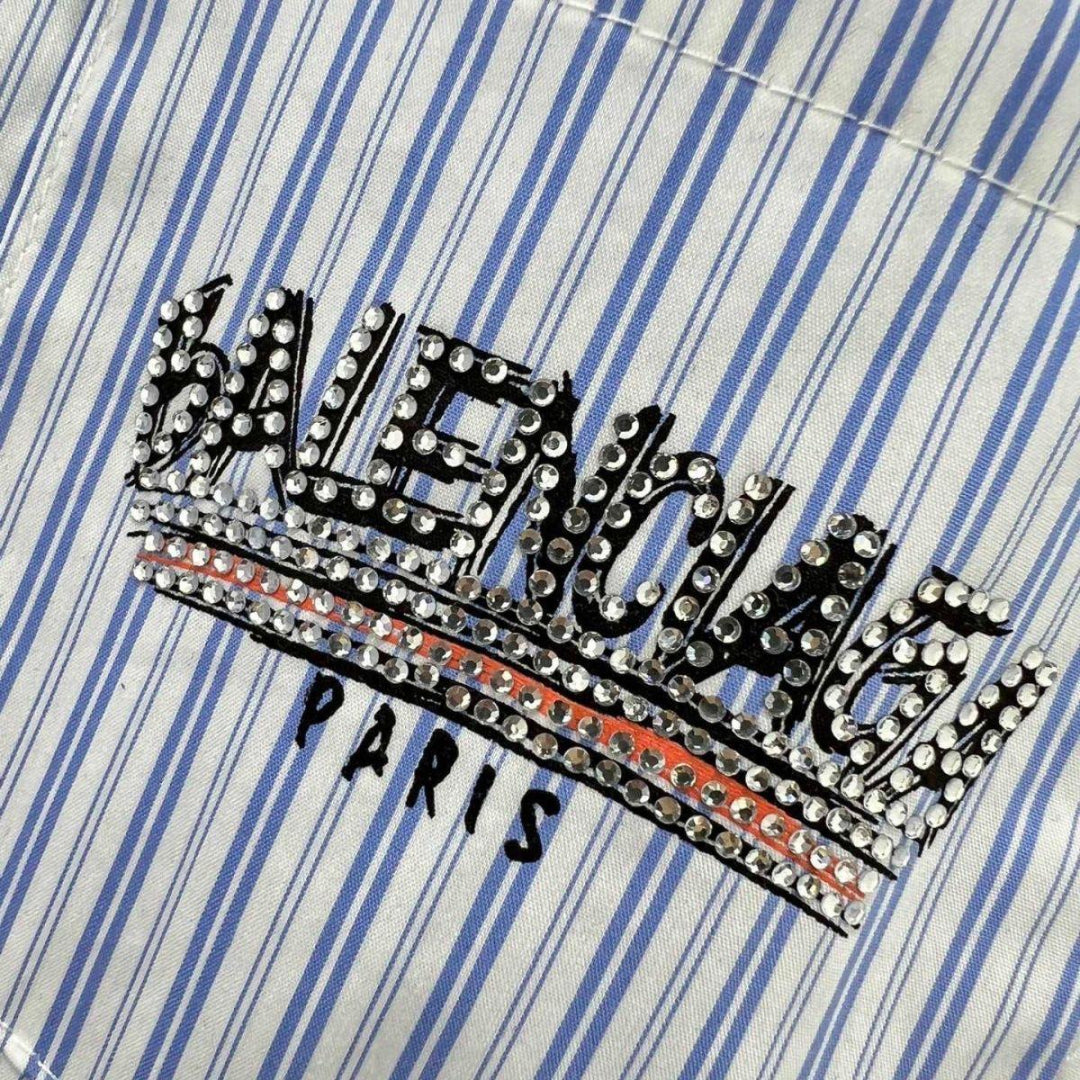 Balenciaga Striped Cotton Shirt with Crystal Logo Embroidery