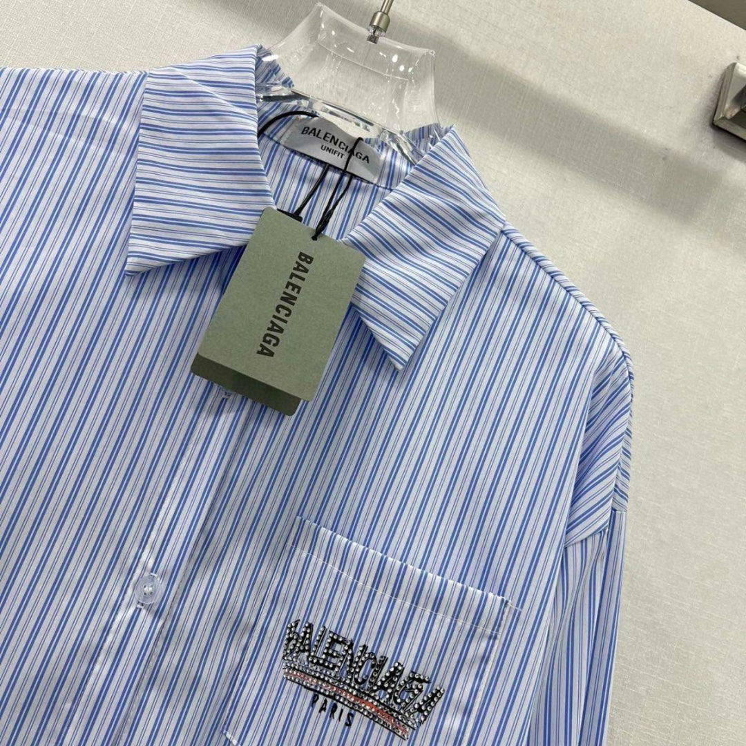 Balenciaga Striped Cotton Shirt with Crystal Logo Embroidery