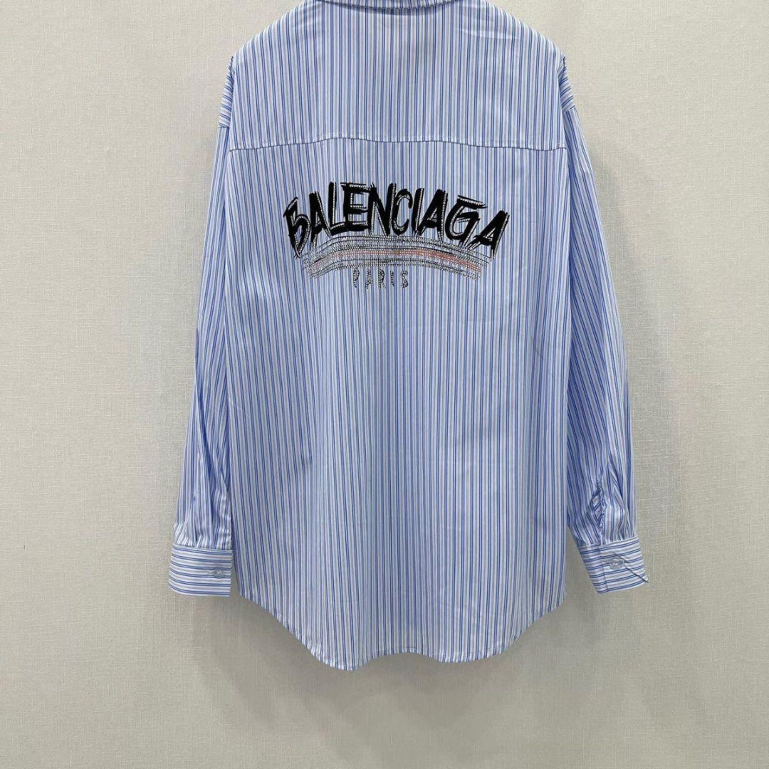 Balenciaga Striped Cotton Shirt with Crystal Logo Embroidery