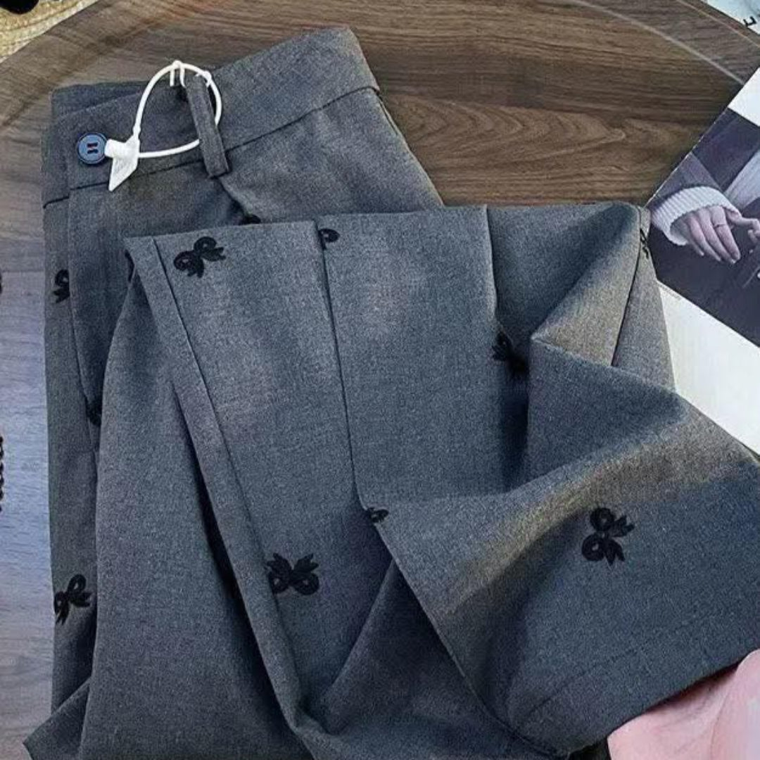 Wide-Leg Gray Trousers with Black Bow Embroidery