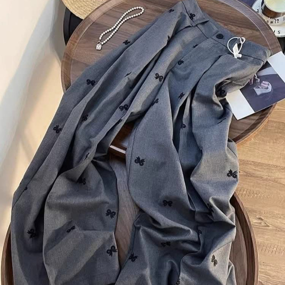 Wide-Leg Gray Trousers with Black Bow Embroidery