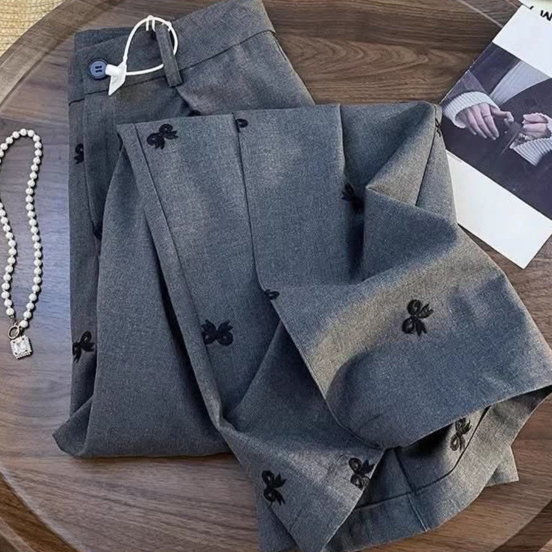 Wide-Leg Gray Trousers with Black Bow Embroidery
