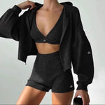 Alo Yoga Serenity Bra, High-Waist Biker Short, and Zip Hoodie Set