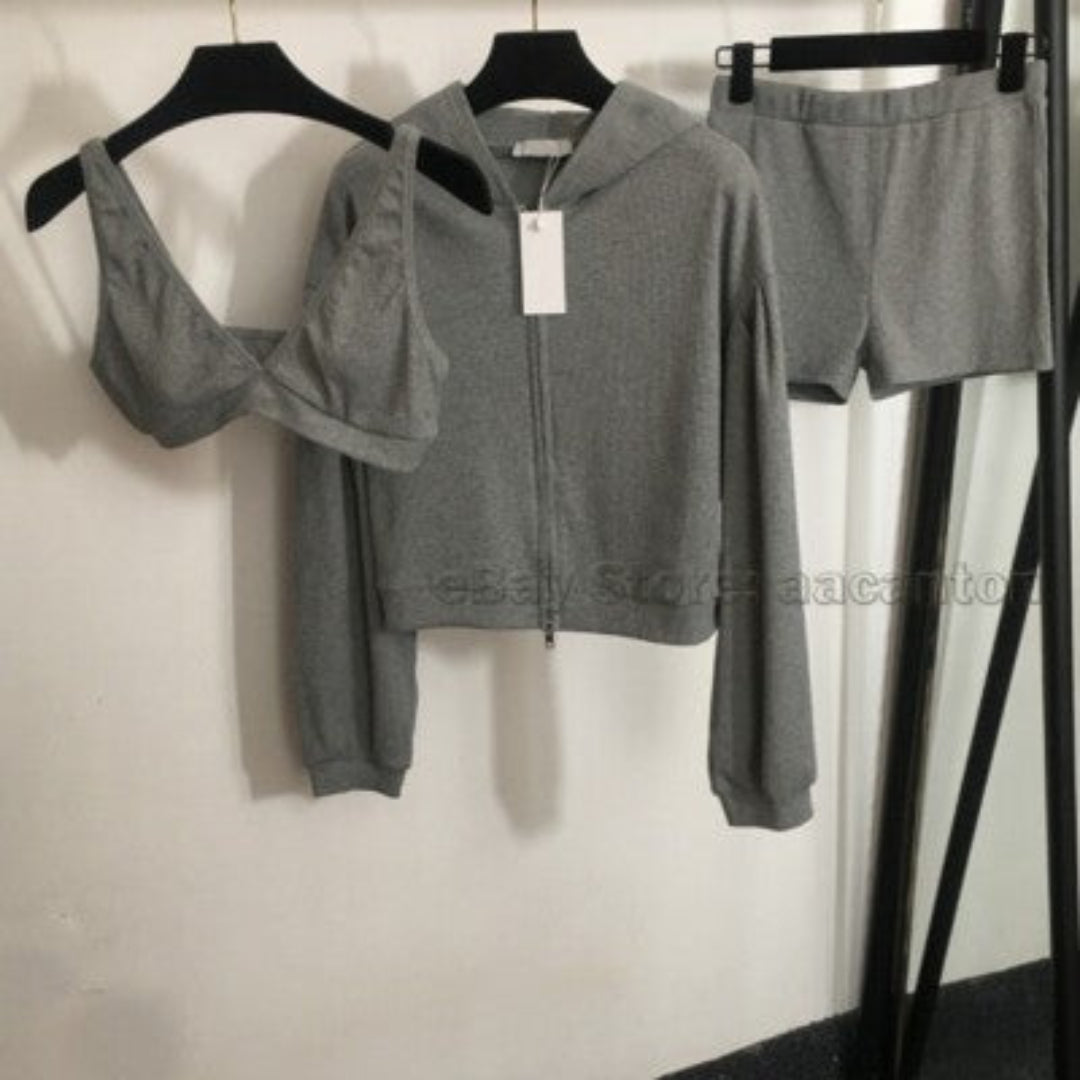 Alo Yoga Serenity Bra, High-Waist Biker Short, and Zip Hoodie Set