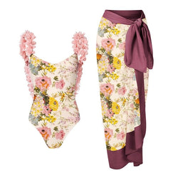 Floral Swimsuit with Ruffle Straps and Sarong