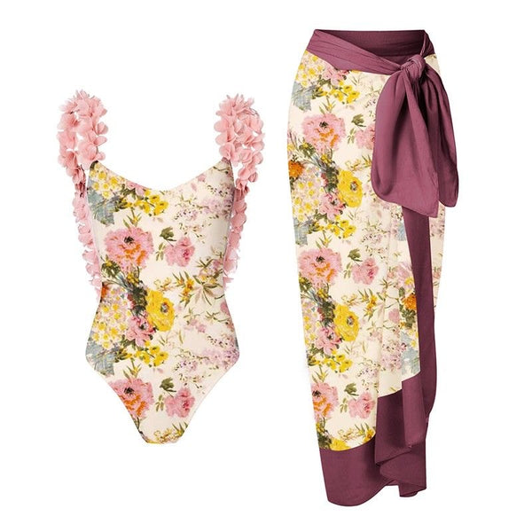 Floral Swimsuit with Ruffle Straps and Sarong
