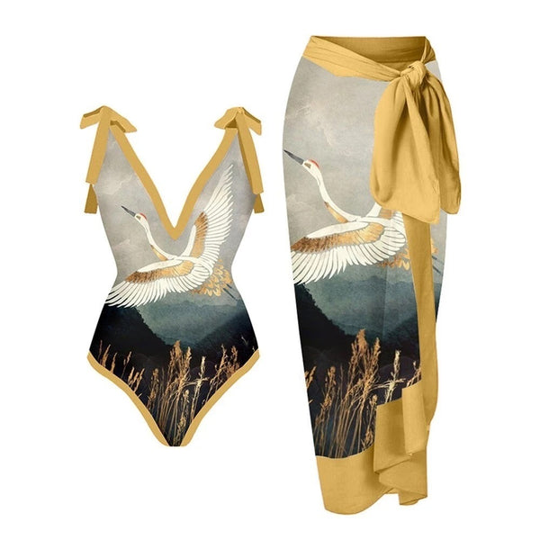 Printed Swimsuit with Sarong Set