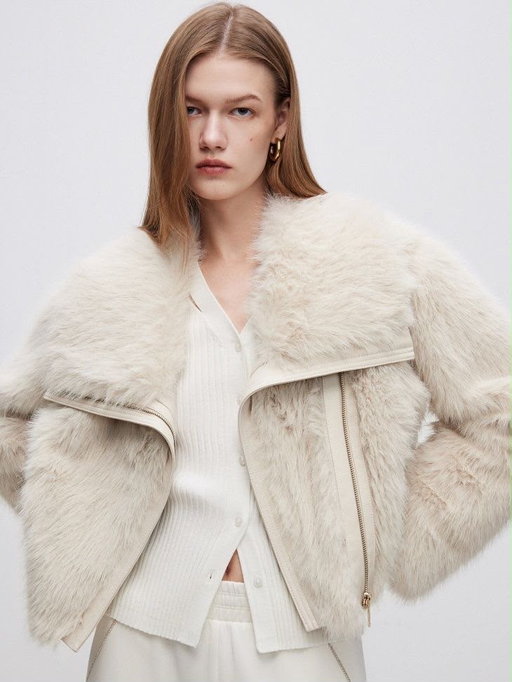 Light Beige Faux Fur  lapel Coat