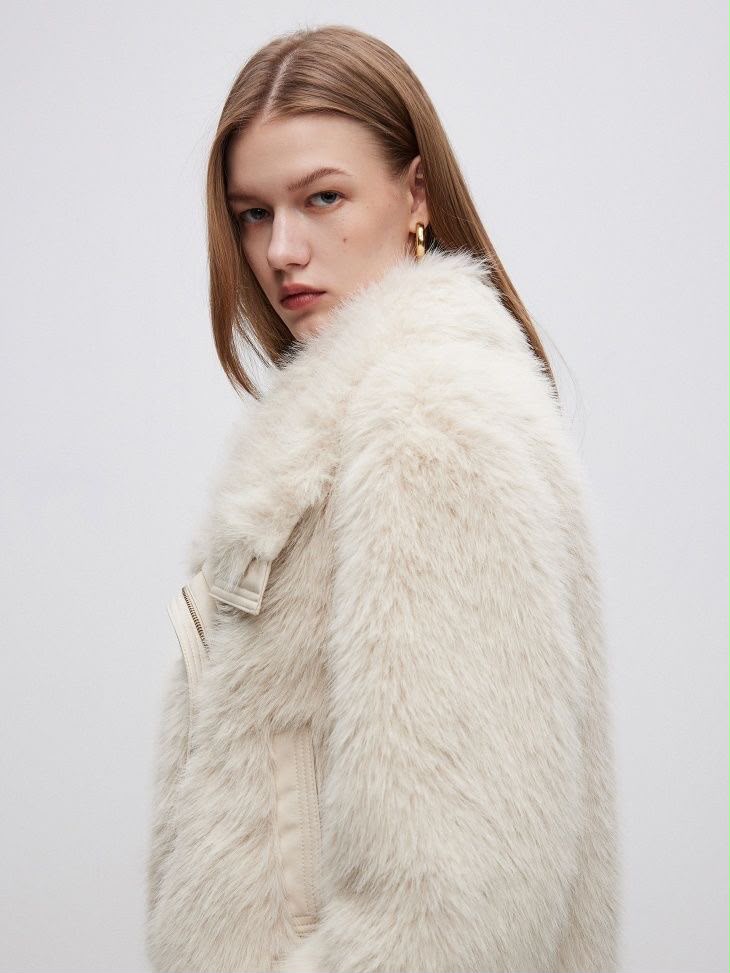 Light Beige Faux Fur  lapel Coat