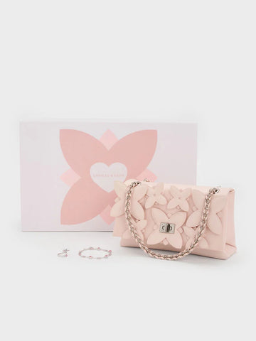 Charles & Keith Gift Set: Flower Chain Shoulder Bag With Jewellery Set - Soft Pink