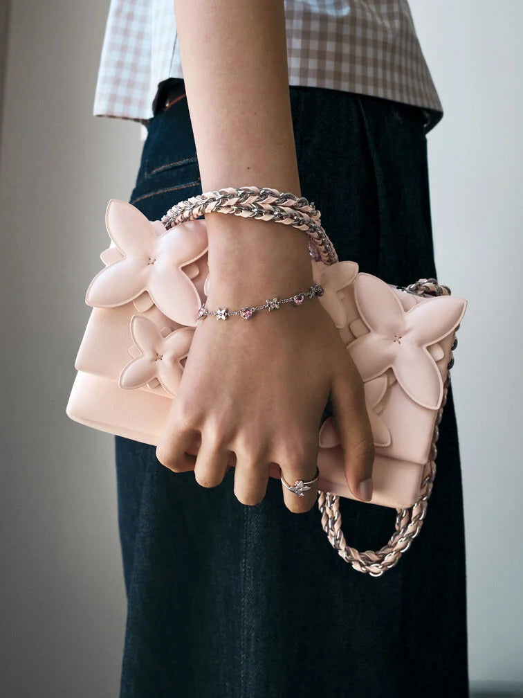 Charles & Keith Gift Set: Flower Chain Shoulder Bag With Jewellery Set - Soft Pink