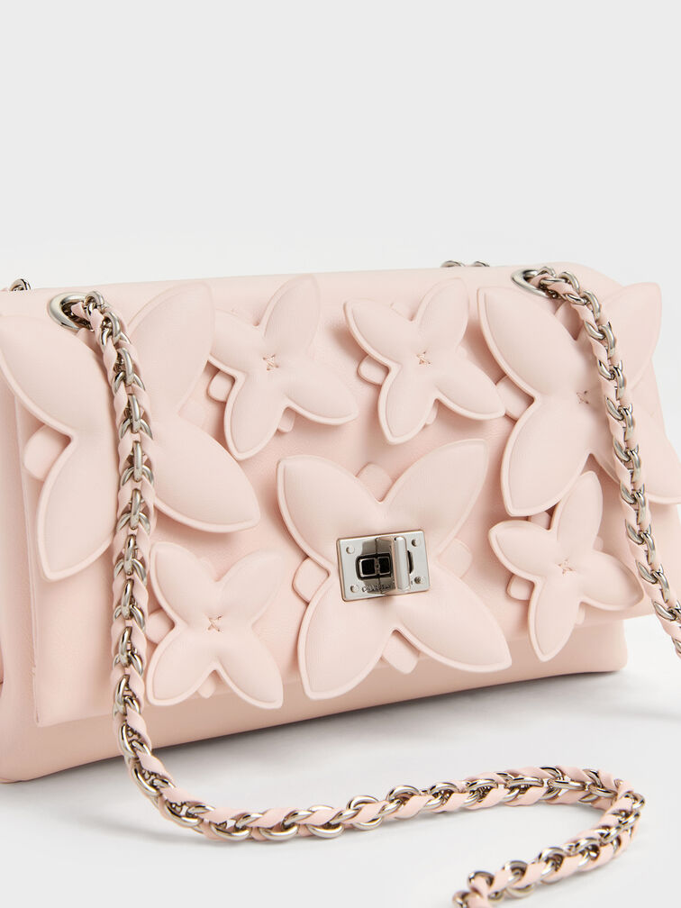 Charles & Keith Gift Set: Flower Chain Shoulder Bag With Jewellery Set - Soft Pink