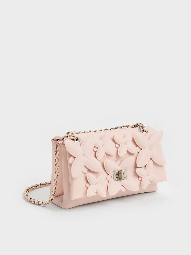 Charles & Keith Gift Set: Flower Chain Shoulder Bag With Jewellery Set - Soft Pink