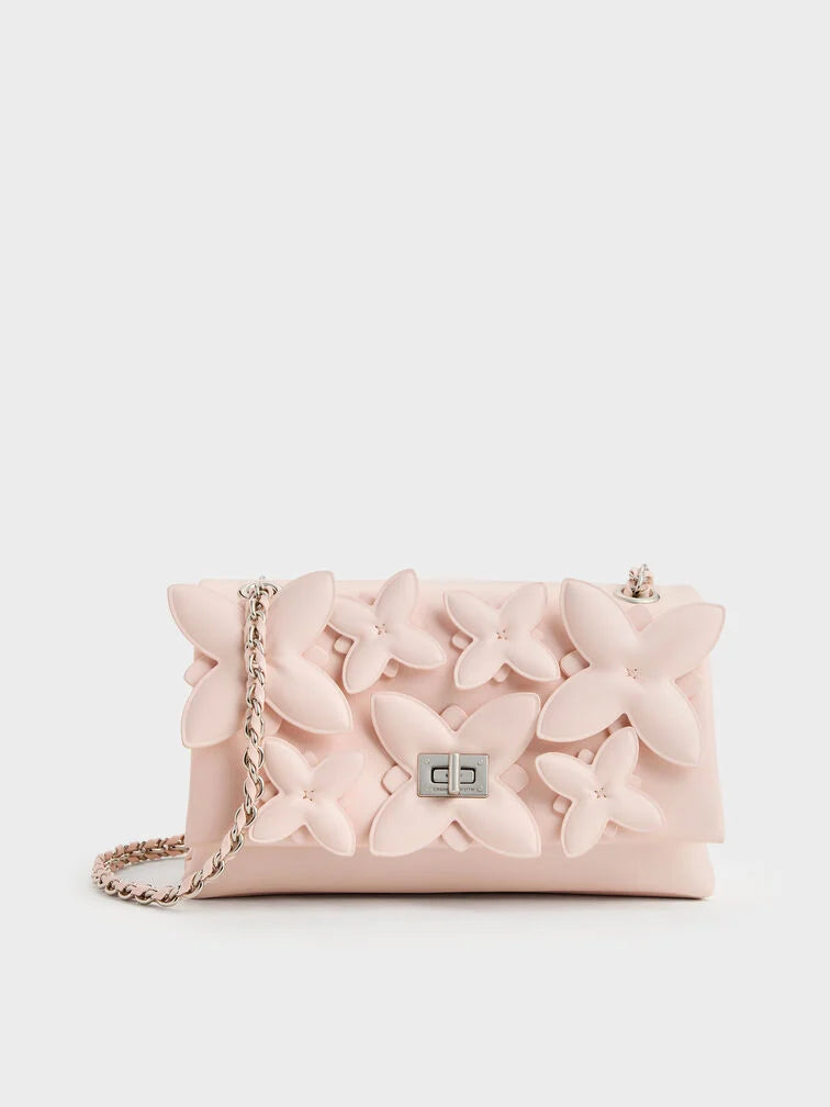 Charles & Keith Gift Set: Flower Chain Shoulder Bag With Jewellery Set - Soft Pink