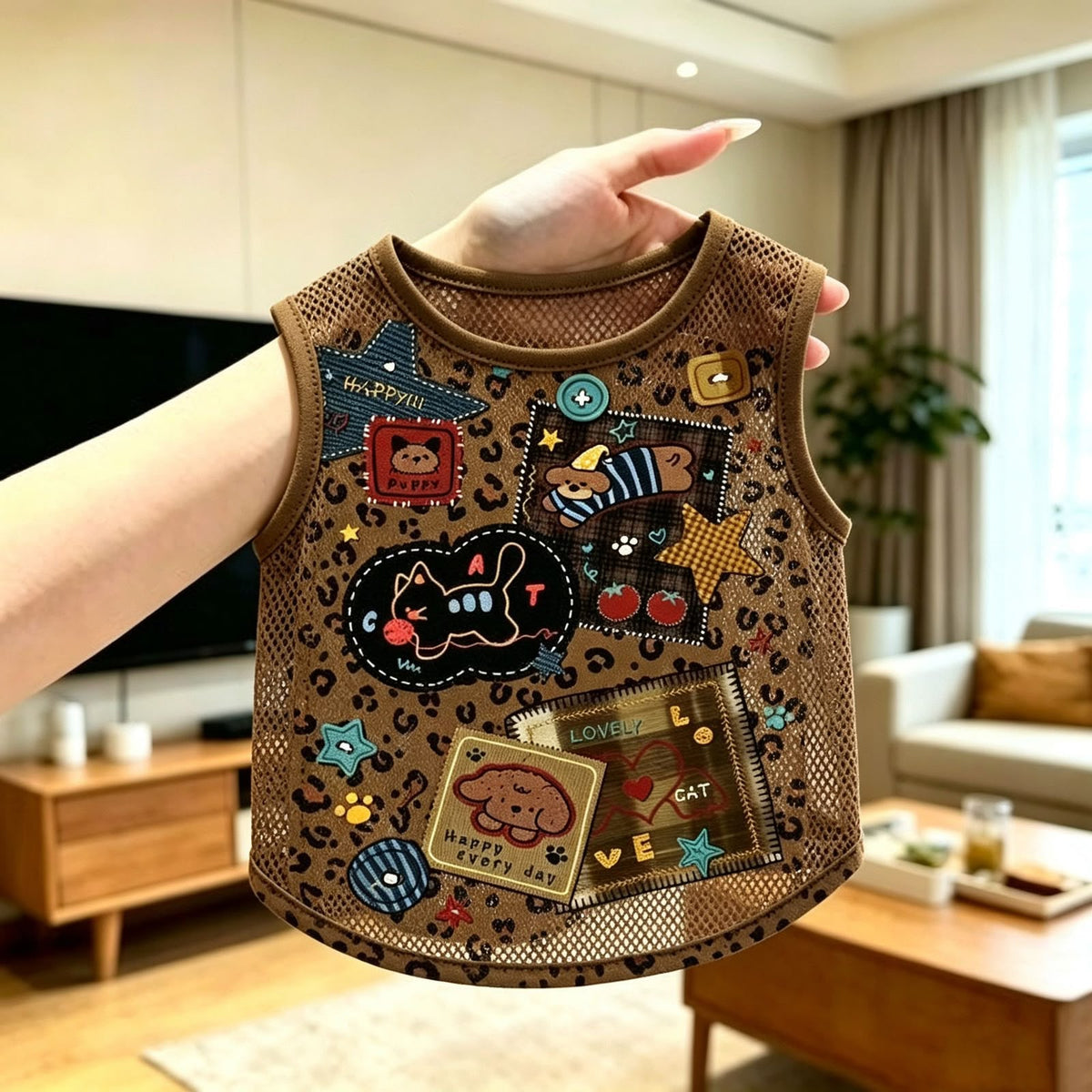 Leopard Print Pet Vest with Cartoon Patches