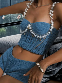 Enchanting Pearl-Embellished Crochet Top and Shorts Set