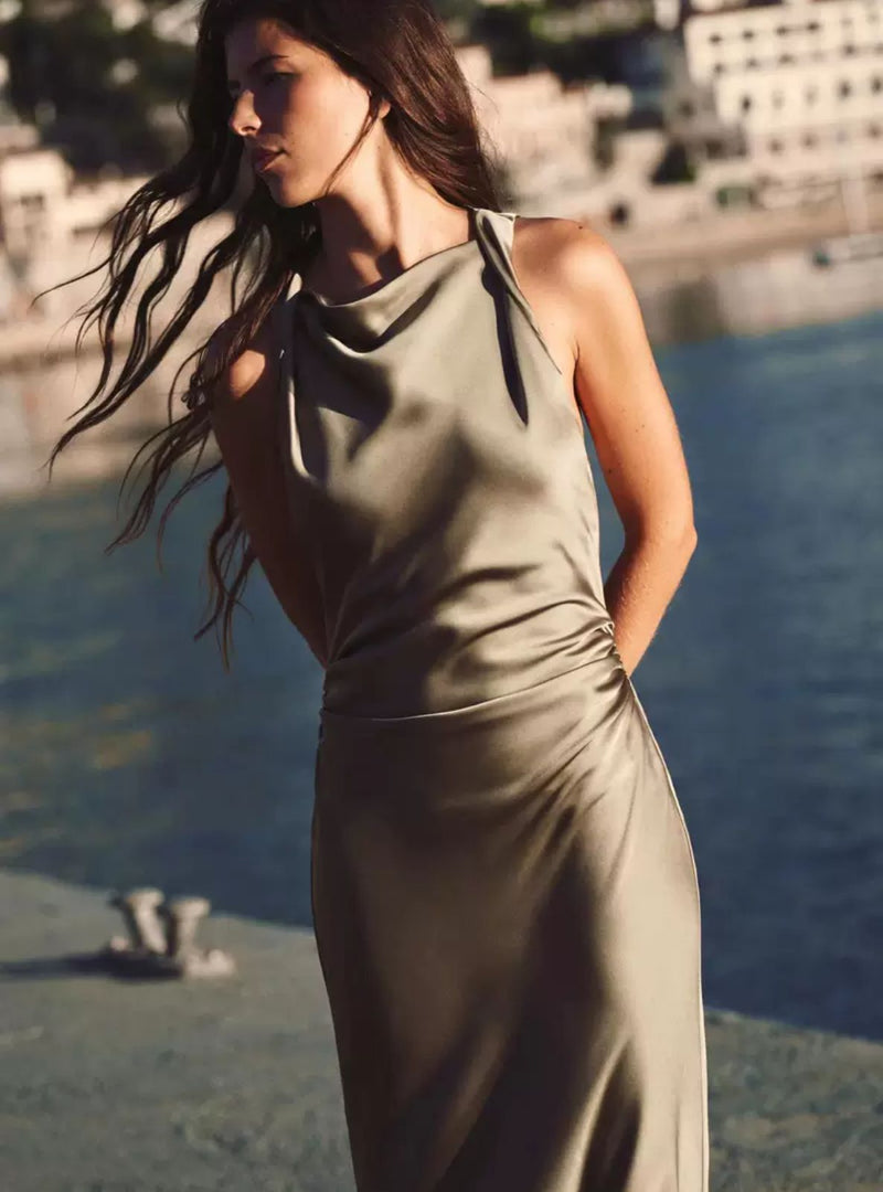 women's sleeveless sexy silk satin midi dress