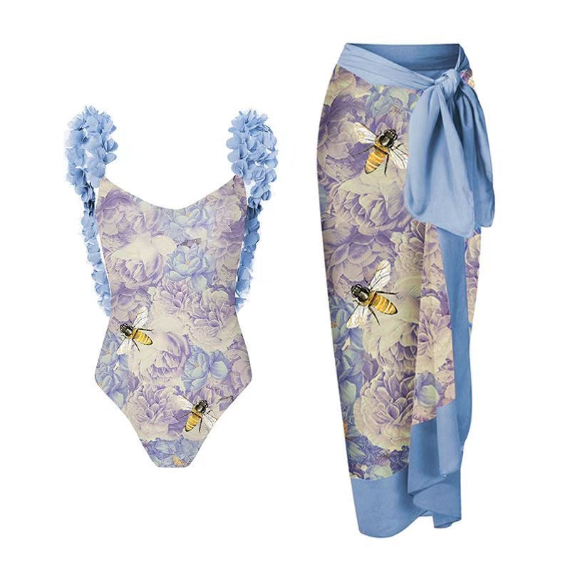 Floral and Bee Print Swimsuit with Sarong