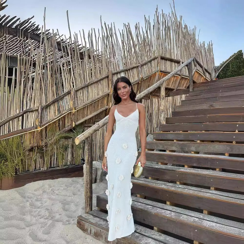 White Floral Applique Maxi Dress