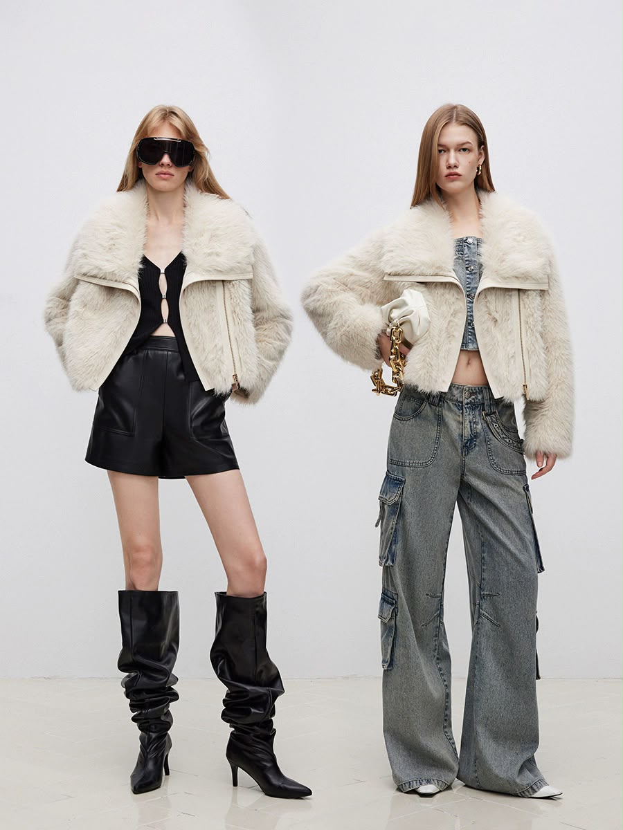 Light Beige Faux Fur  lapel Coat