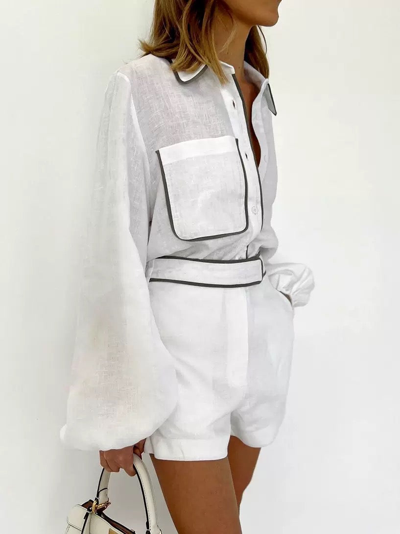 Crisp White Shirt and Belted Shorts Set