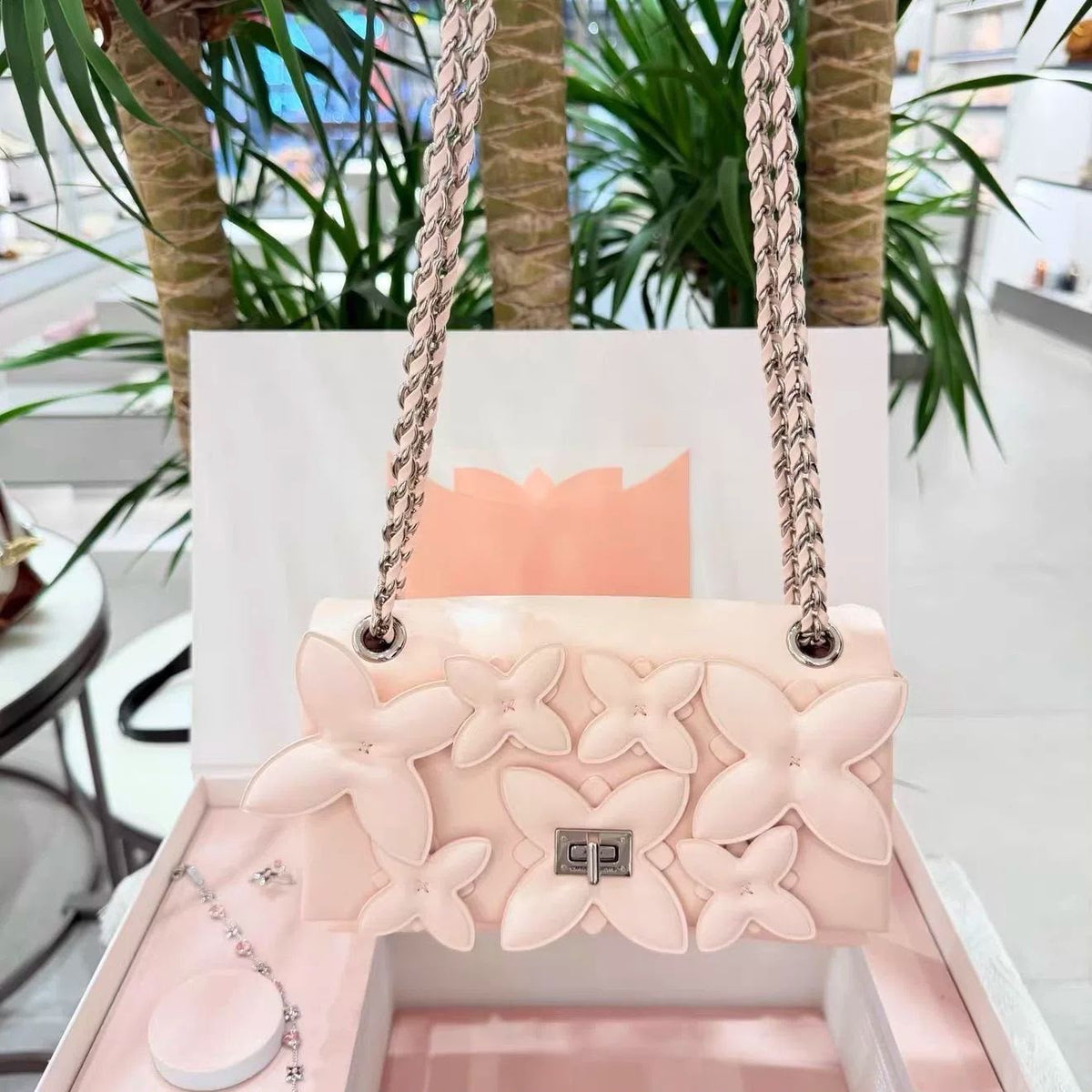 Charles & Keith Gift Set: Flower Chain Shoulder Bag With Jewellery Set - Soft Pink