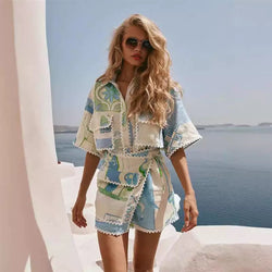 Patterned Short-Sleeve Shirt and Mini Skirt Set