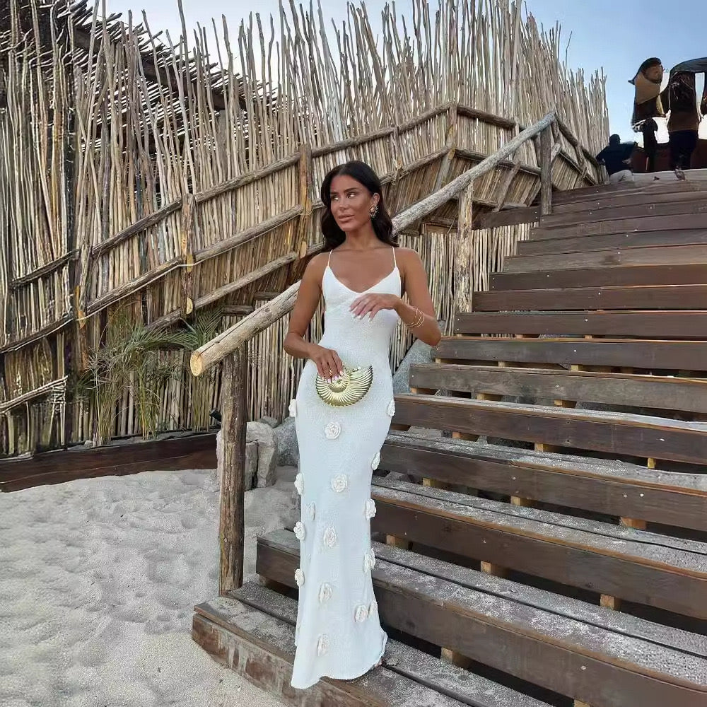 White Floral Applique Maxi Dress