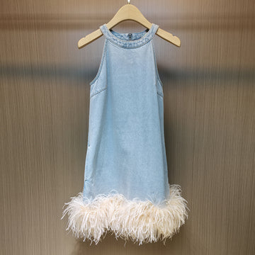 Denim Mini Dress with Feather Hem
