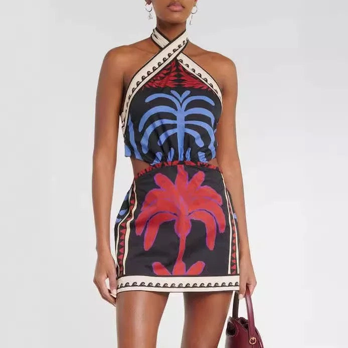 Halter Neck Mini Dress with Botanical Print