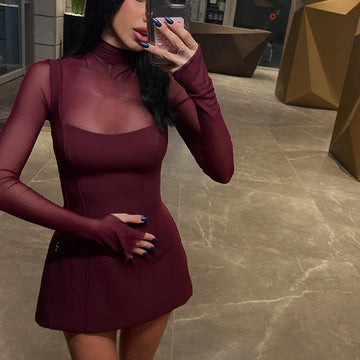 Burgundy Mesh Overlay Mini Dress