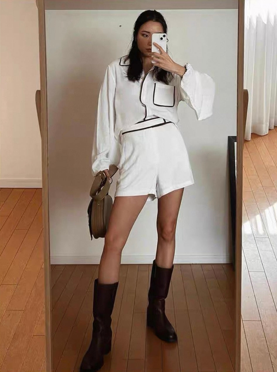 White Shirt and Belted Shorts Set