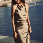 women's sleeveless sexy silk satin midi dress