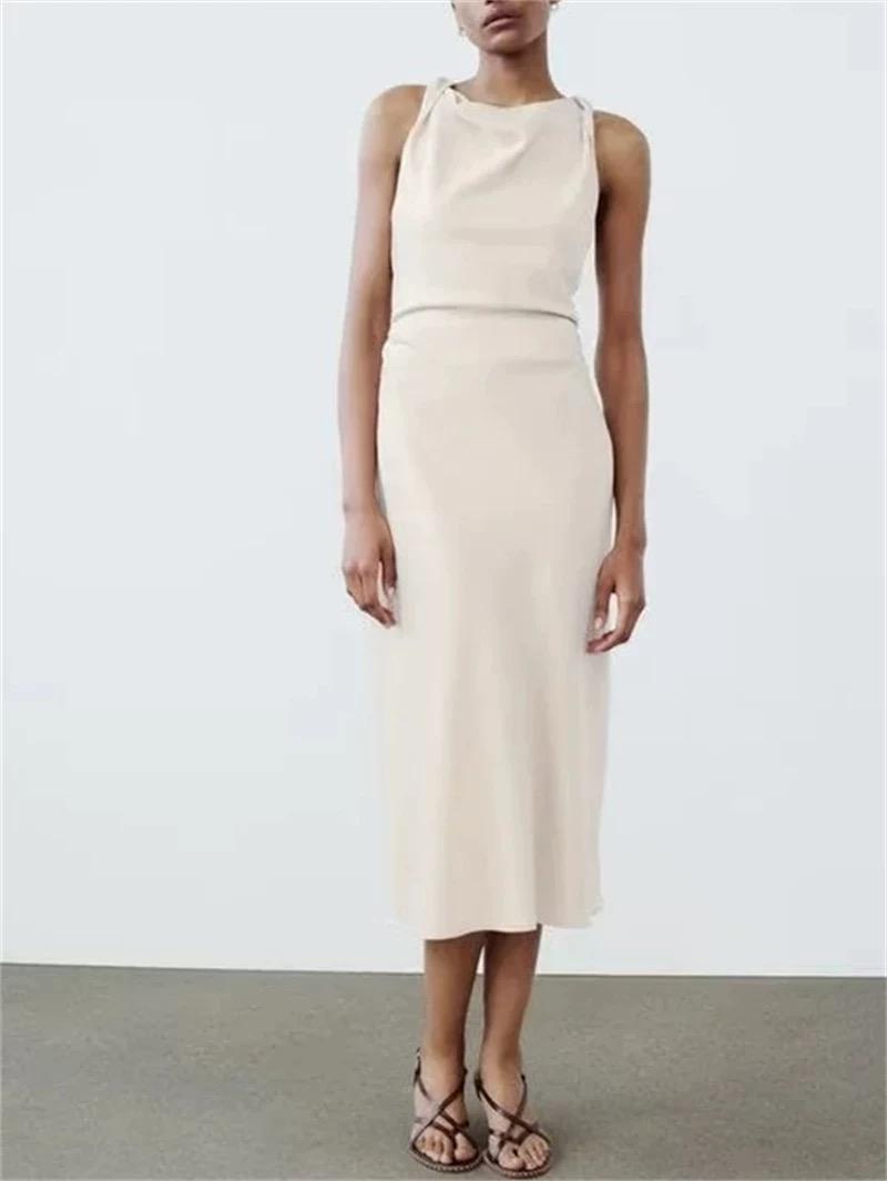 women's sleeveless sexy silk satin midi dress