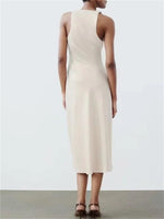 women's sleeveless sexy silk satin midi dress