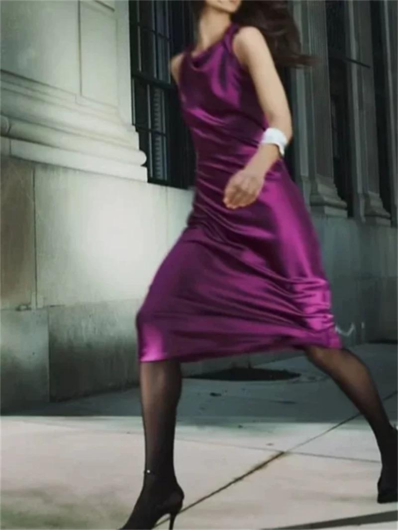 women's sleeveless sexy silk satin midi dress