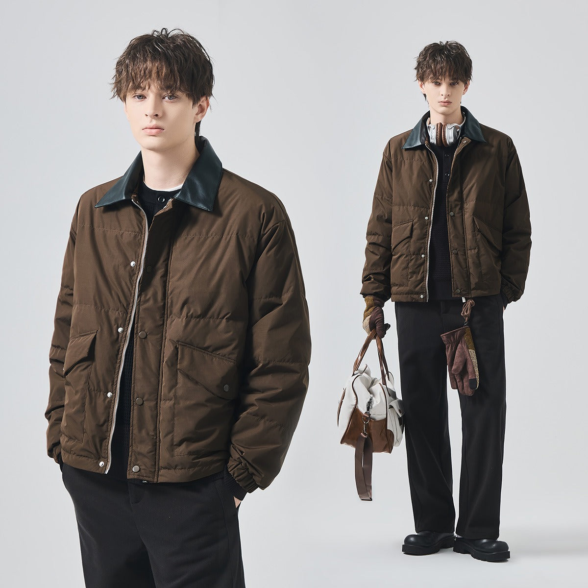 Men's Loose Lightweight White Duck Down Jacket with Contrast Collar