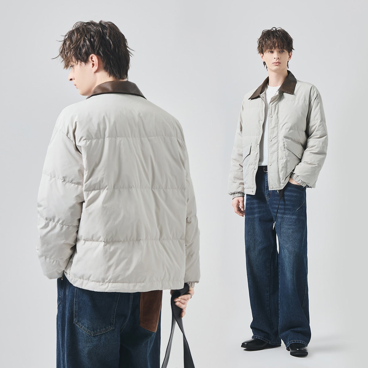 Men's Loose Lightweight White Duck Down Jacket with Contrast Collar