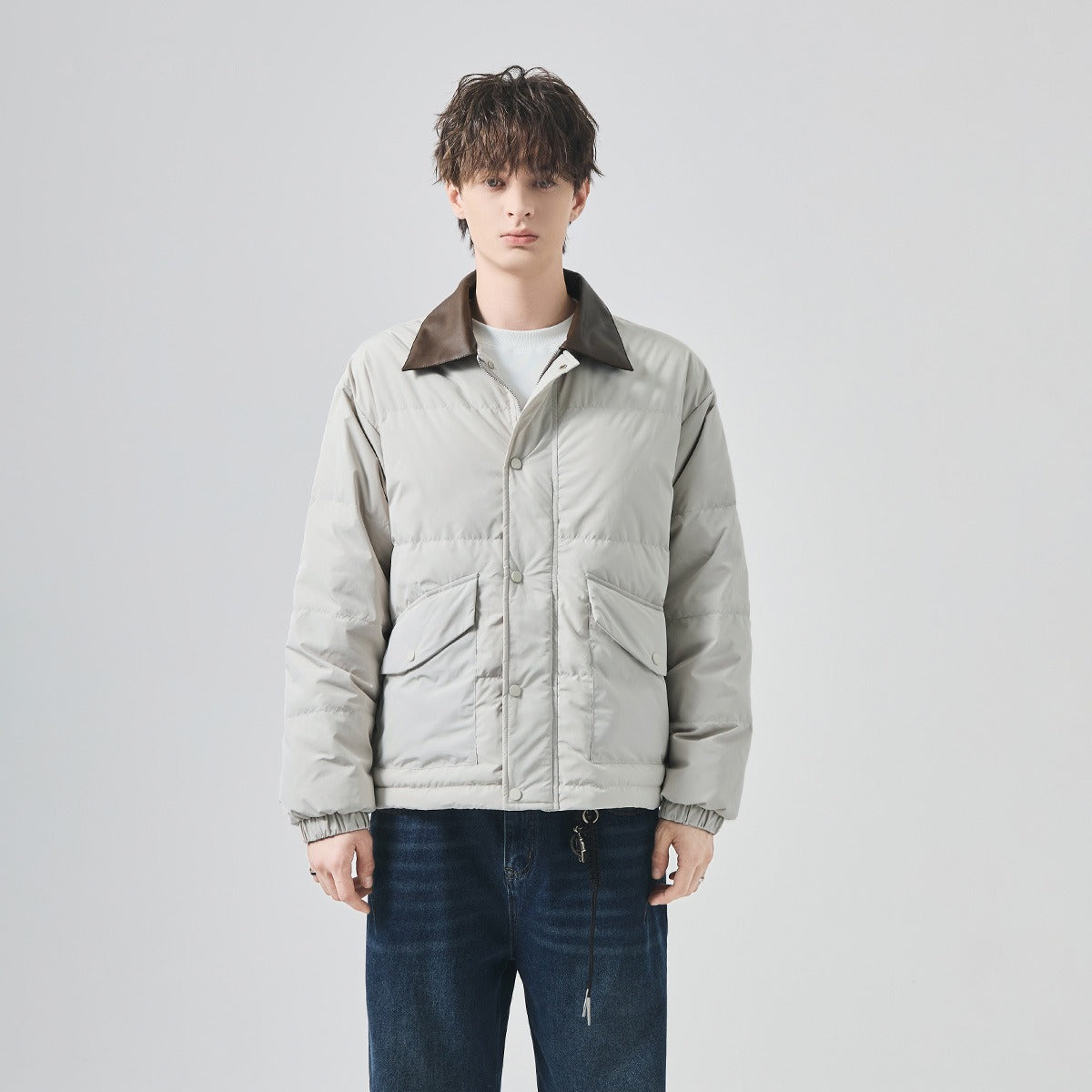 Men's Loose Lightweight White Duck Down Jacket with Contrast Collar
