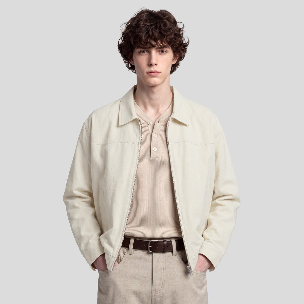Men's Loose Cotton-Linen Zip-Up Jacket with Collar