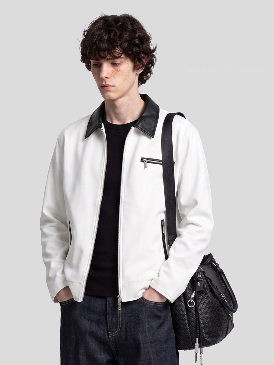 Men's Loose Color-Block Zip-Up Jacket, Leather-Look Collar