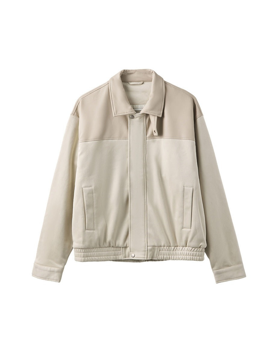 Men's Loose Color-Block Suede Zip-Up Jacket with Lapel Collar
