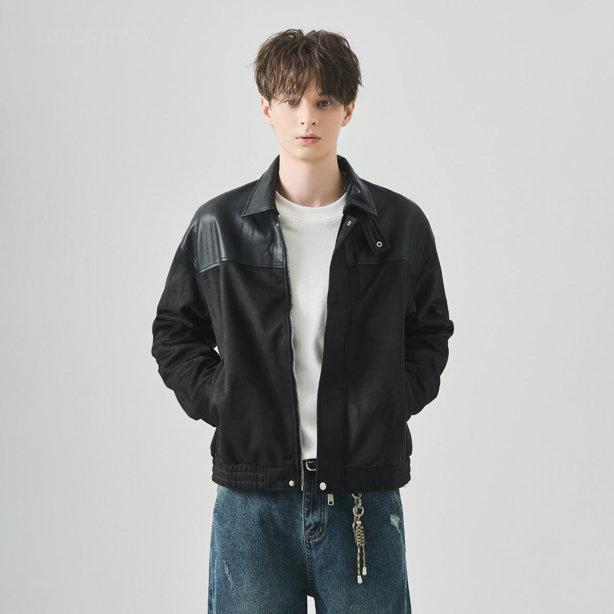 Men's Loose Color-Block Suede Zip-Up Jacket with Lapel Collar