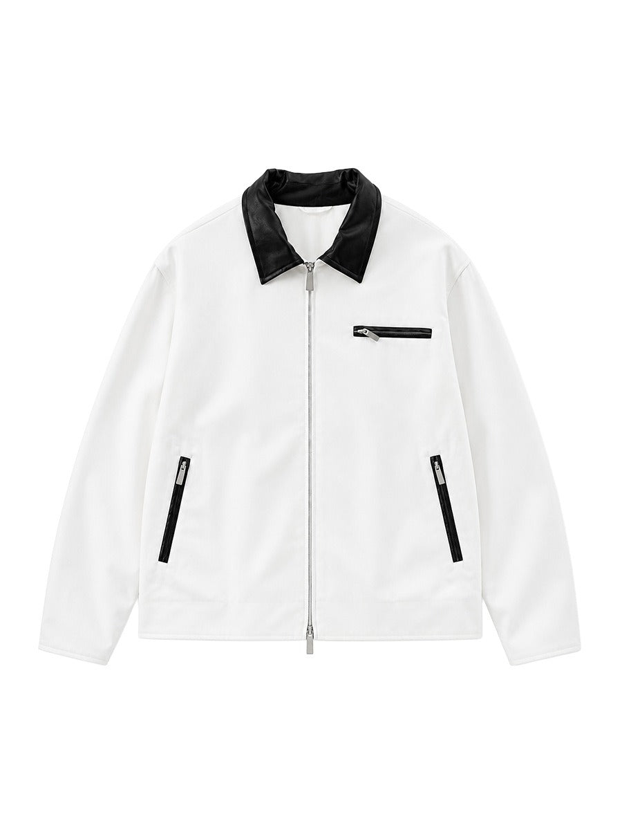 Men's Loose Color-Block Zip-Up Jacket, Leather-Look Collar