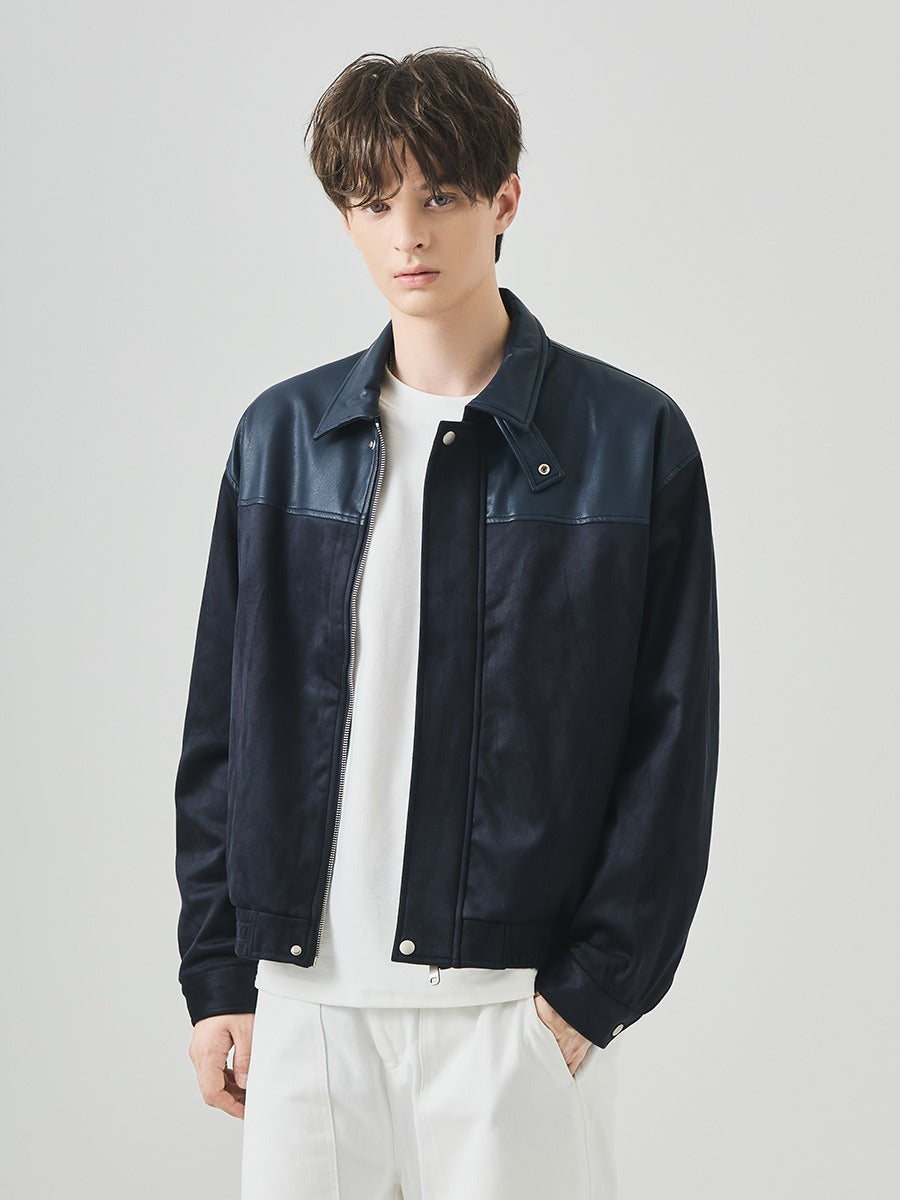 Men's Loose Color-Block Suede Zip-Up Jacket with Lapel Collar