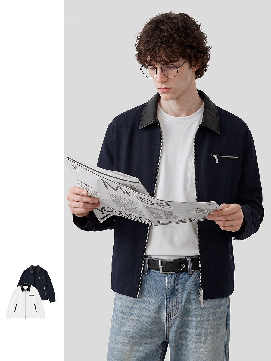 Men's Loose Color-Block Zip-Up Jacket, Leather-Look Collar
