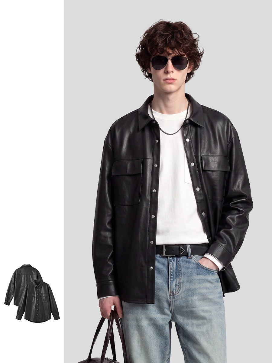 Men's Loose Leather-Look Button-Up Shirt Jacket