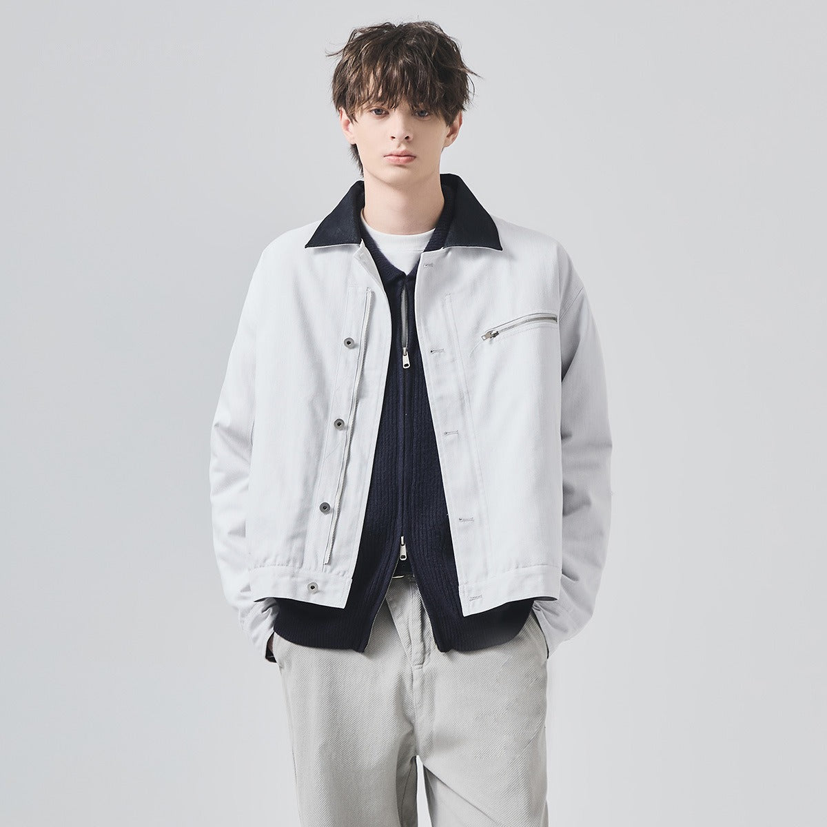 Men's Loose Contrast-Collar Thickened Button-Up Jacket