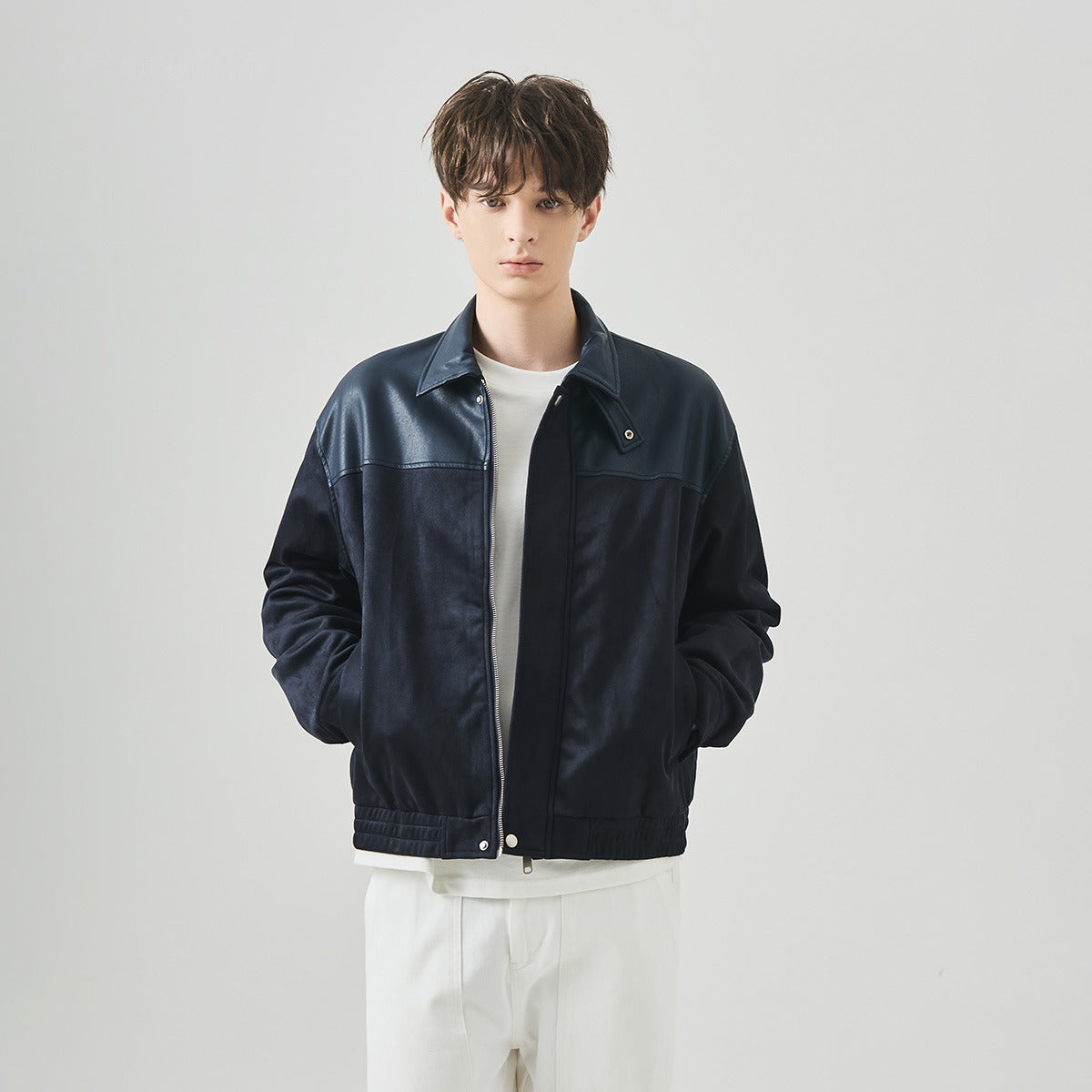 Men's Loose Color-Block Suede Zip-Up Jacket with Lapel Collar
